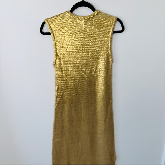 H&M Silk Blend Maxi Length Gold Metallic Knit Vest Dress W/ Side Slits Size 4 - Picture 7 of 12